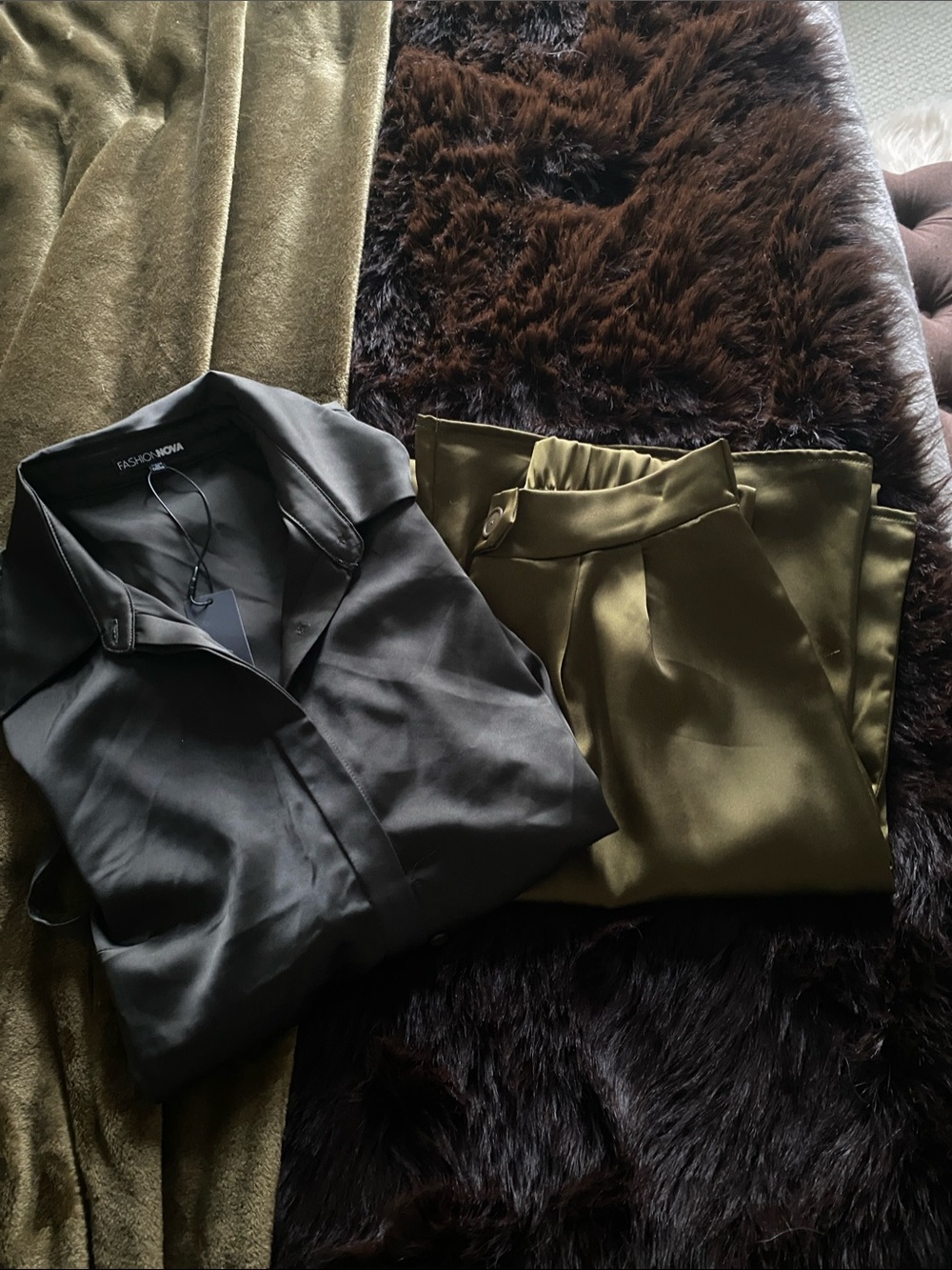 Fashion Nova 2 pack Olive Satin Toned Trousers & Dark Olive 🫒 blouse